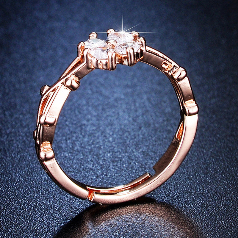 Rose Gold Plated American Diamond Studded Floral Contemporary Adjustable Finger Ring - MySmartBazaar