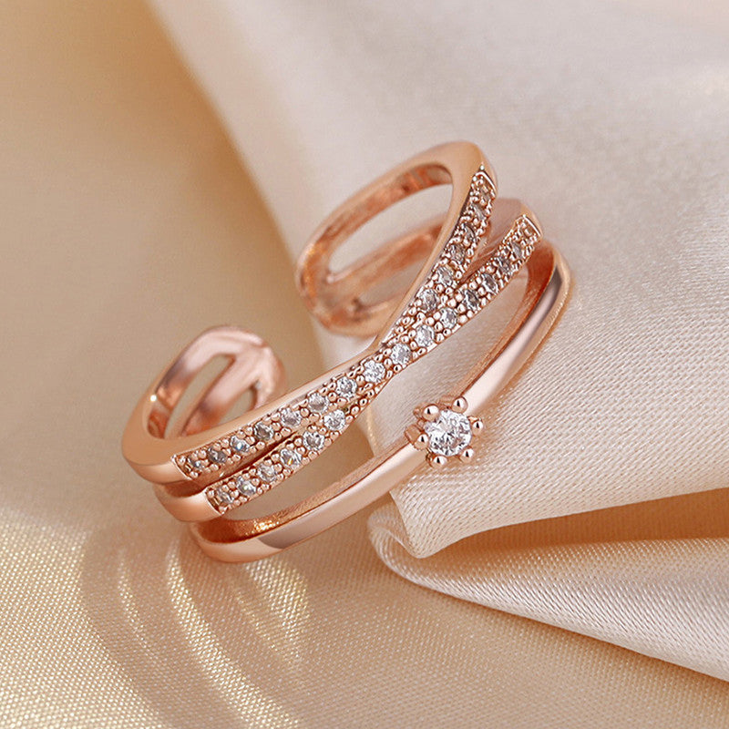 Rose Gold Plated American Diamond Studded Contemporary Korean Finger Ring