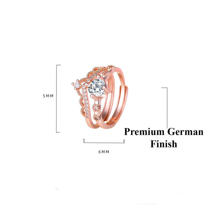 Rose Gold Plated American Diamond Studded Crown Shape Contemporary Korean Finger Ring