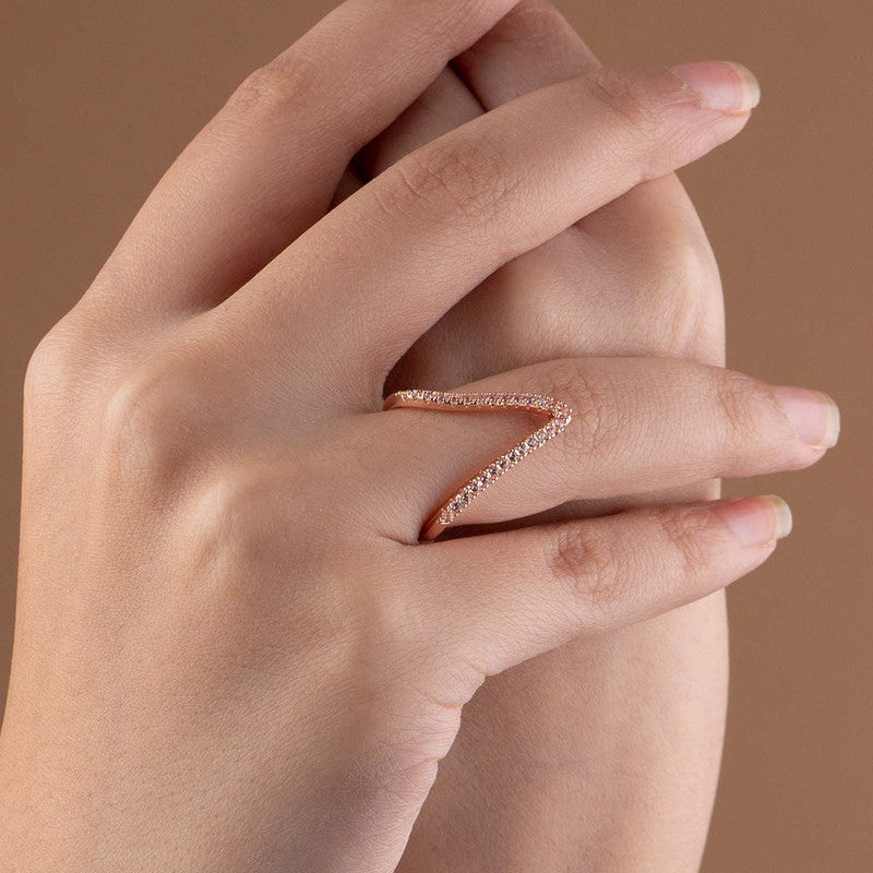 Rose Gold-Plated V Shaped CZ Studded Adjustable Finger Ring