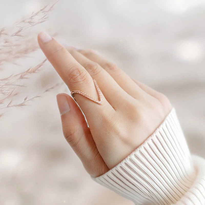Rose Gold-Plated V Shaped CZ Studded Adjustable Finger Ring