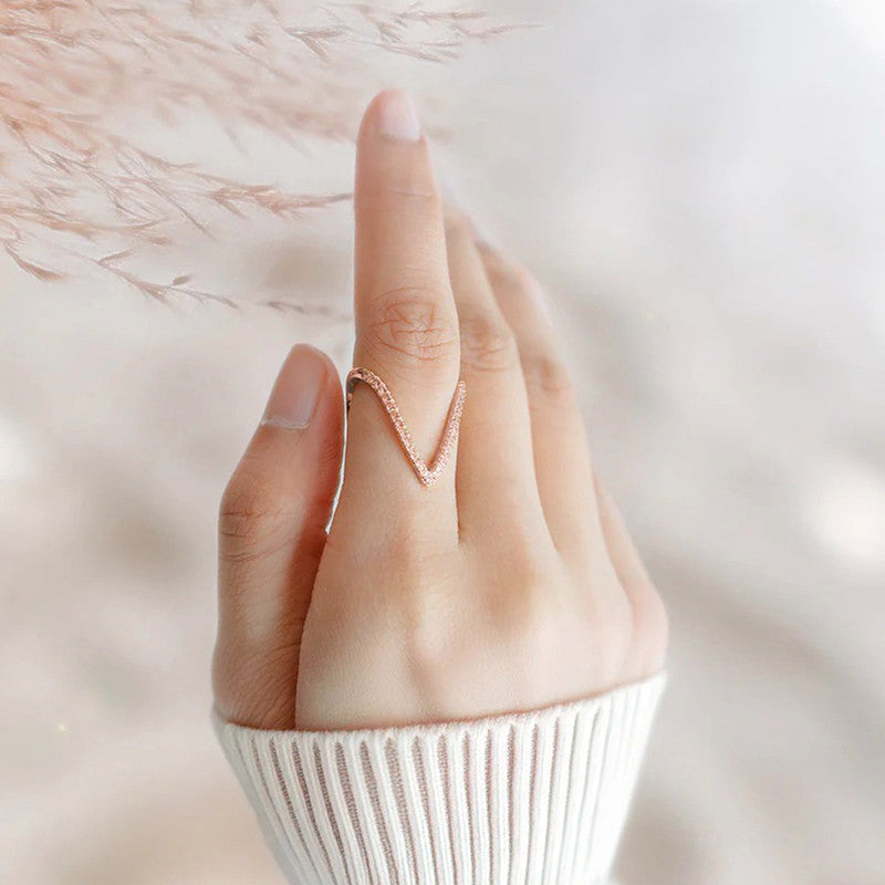 Rose Gold-Plated V Shaped CZ Studded Adjustable Finger Ring