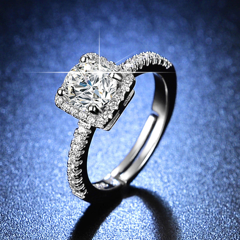 Silver Plated Crystal Studded Anti Tarnish Square Shape Solitaire Adjustable Finger Ring - MySmartBazaar
