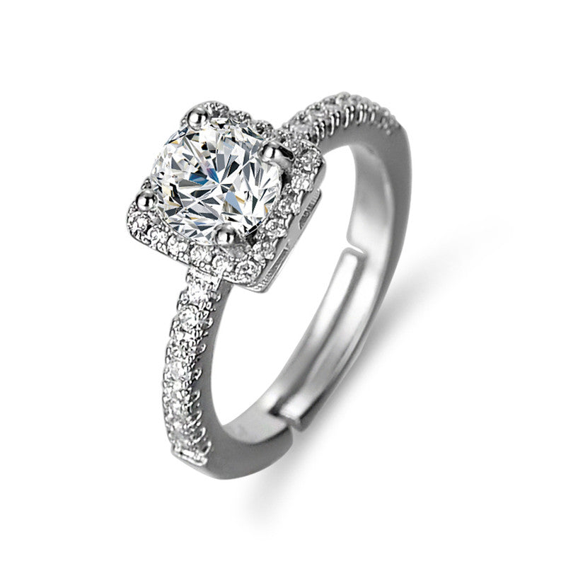Silver Plated Crystal Studded Anti Tarnish Square Shape Solitaire Adjustable Finger Ring - MySmartBazaar
