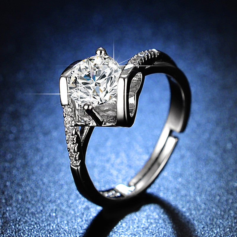 Silver Plated Crystal Studded Heart Themed Anti Tarnish Solitaire Adjustable Finger Ring - MySmartBazaar
