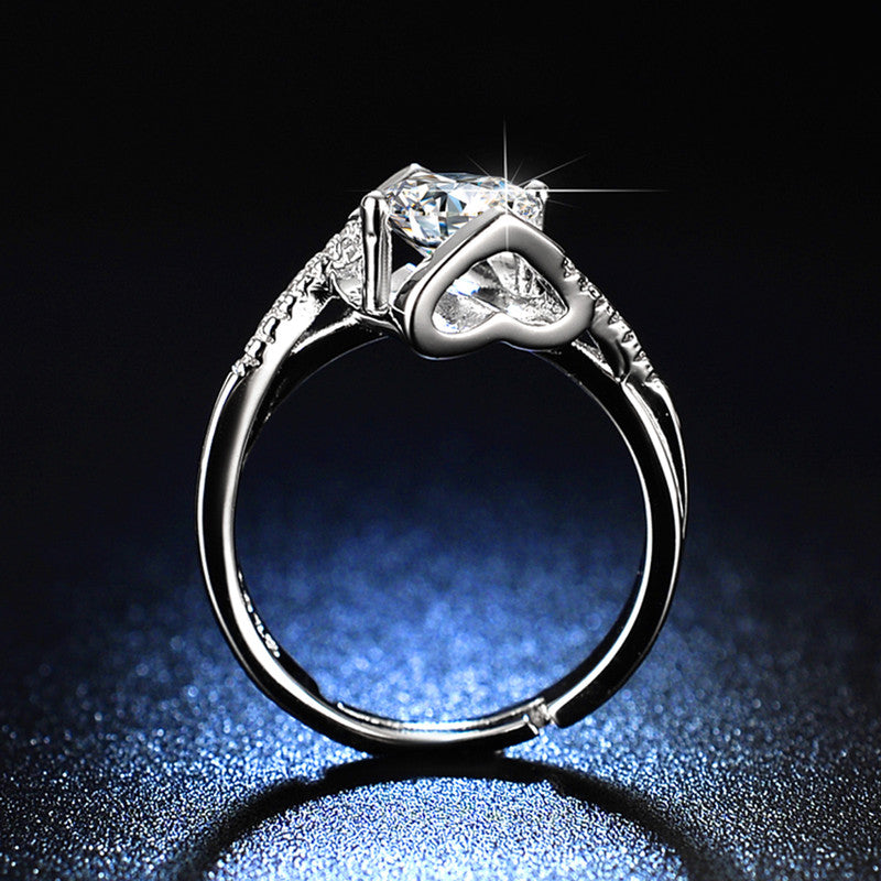 Silver Plated Crystal Studded Heart Themed Anti Tarnish Solitaire Adjustable Finger Ring - MySmartBazaar