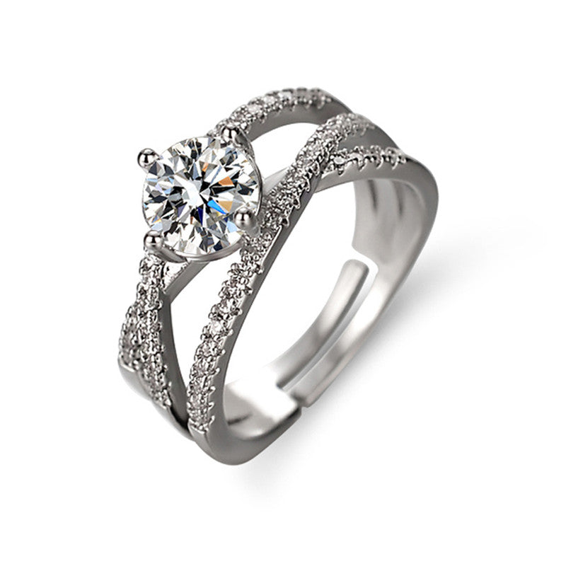 Silver Plated American Diamond Studded Anti Tarnish Cross Shape Solitaire Adjustable Finger Ring - MySmartBazaar