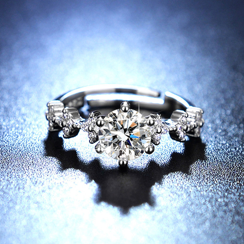 Silver Plated American Diamond Studded Floral Anti Tarnish Adjustable Solitaire Finger Ring - MySmartBazaar