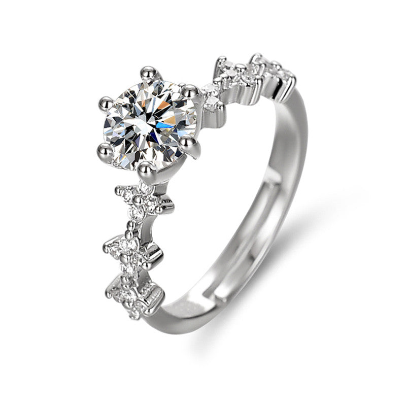 Silver Plated American Diamond Studded Floral Anti Tarnish Adjustable Solitaire Finger Ring - MySmartBazaar