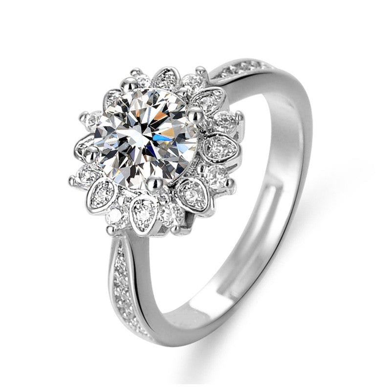 Silver Plated American Diamond Studded Floral Anti Tarnish Adjustable Solitaire Finger Ring - MySmartBazaar