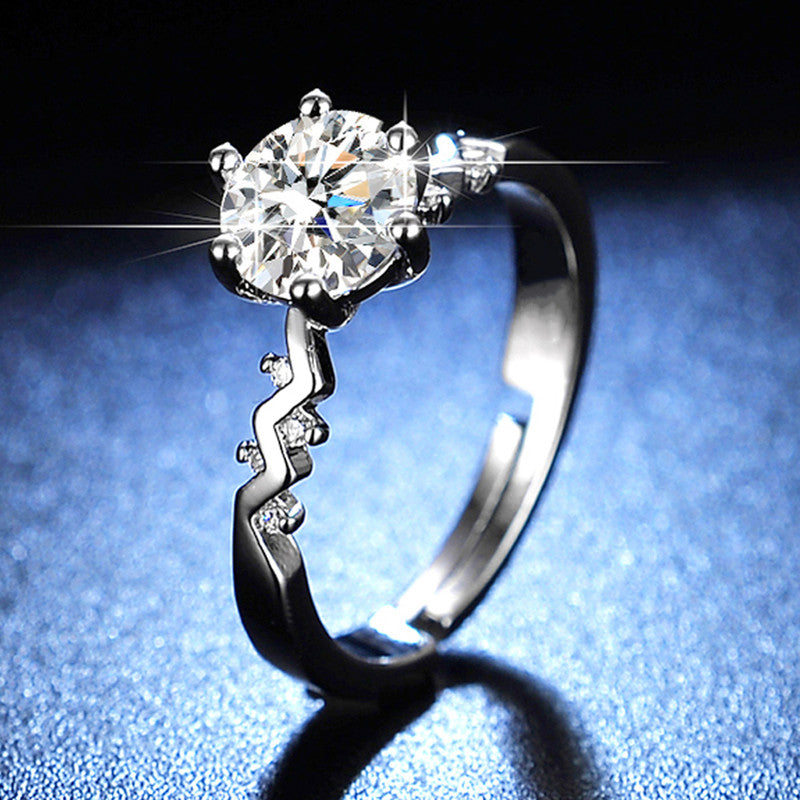 Silver Plated Crystal Studded Unique Zig-Zag Anti Tarnish Adjustable Solitaire Finger Ring - MySmartBazaar