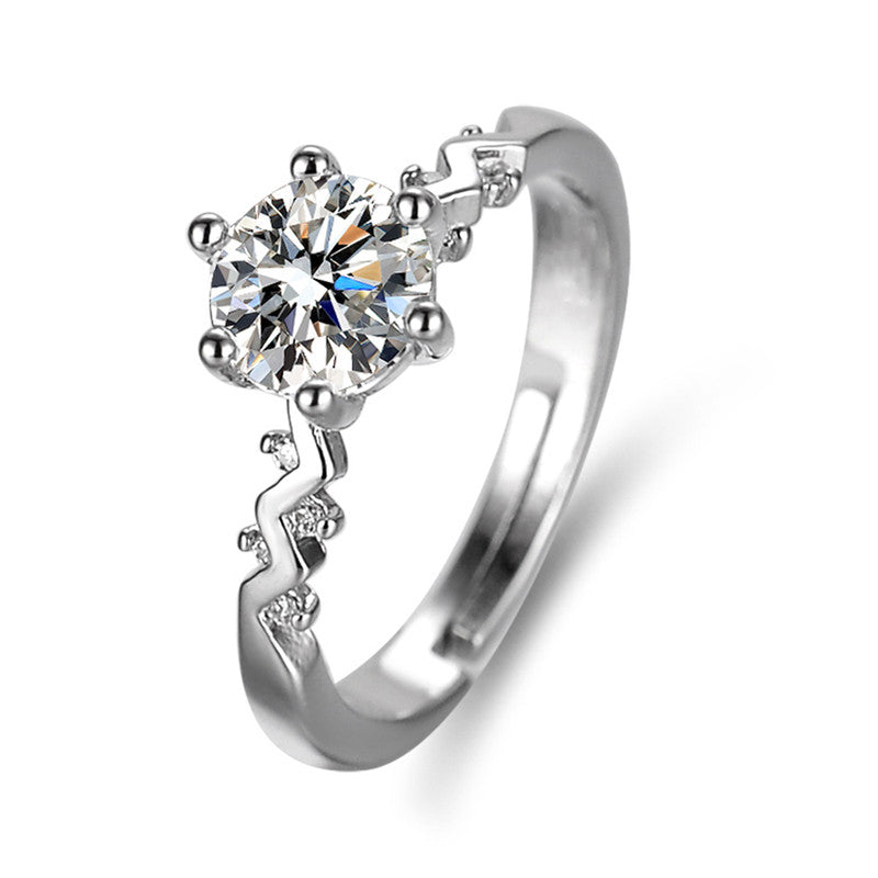 Silver Plated Crystal Studded Unique Zig-Zag Anti Tarnish Adjustable Solitaire Finger Ring - MySmartBazaar