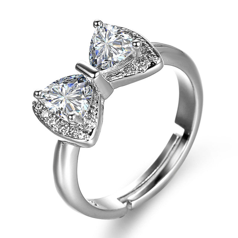 Silver Plated Crystal Studded Bow Tie inspired Anti Tarnish Contemporary Adjustable Finger Ring - MySmartBazaar