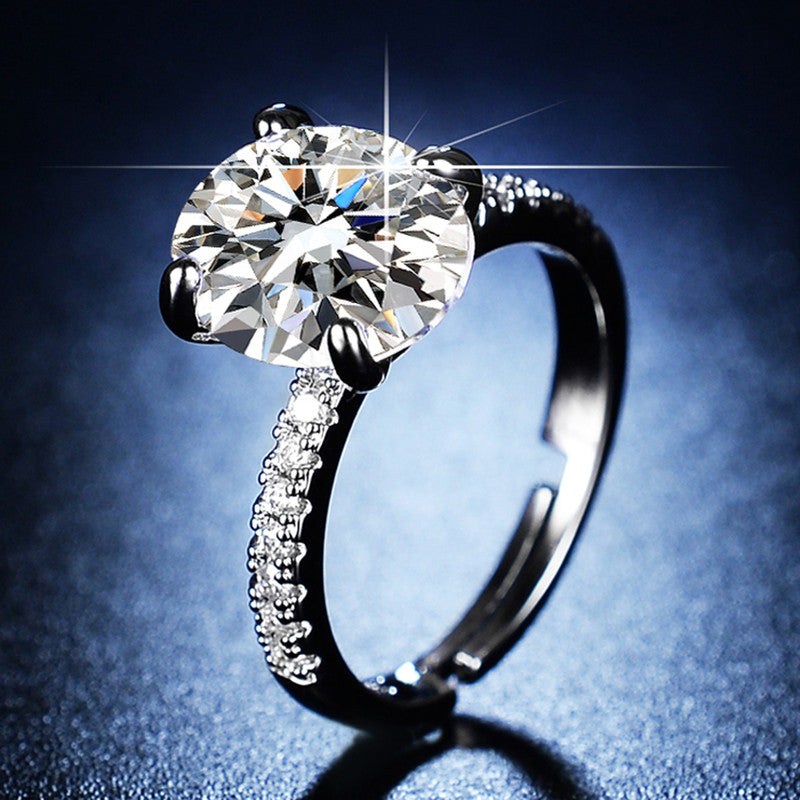 Silver Plated Crystal Studded Anti Tarnish Huge Stone Solitaire Adjustable Finger Ring - MySmartBazaar