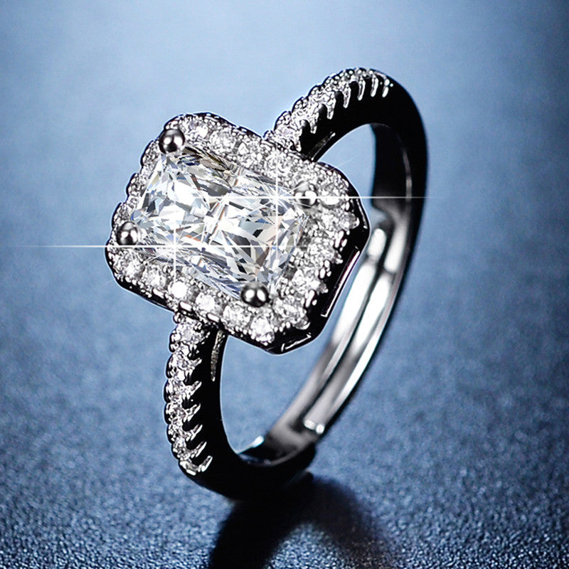 Silver Plated American Diamond Studded Rectangular Anti Tarnish Adjustable Finger Ring - MySmartBazaar