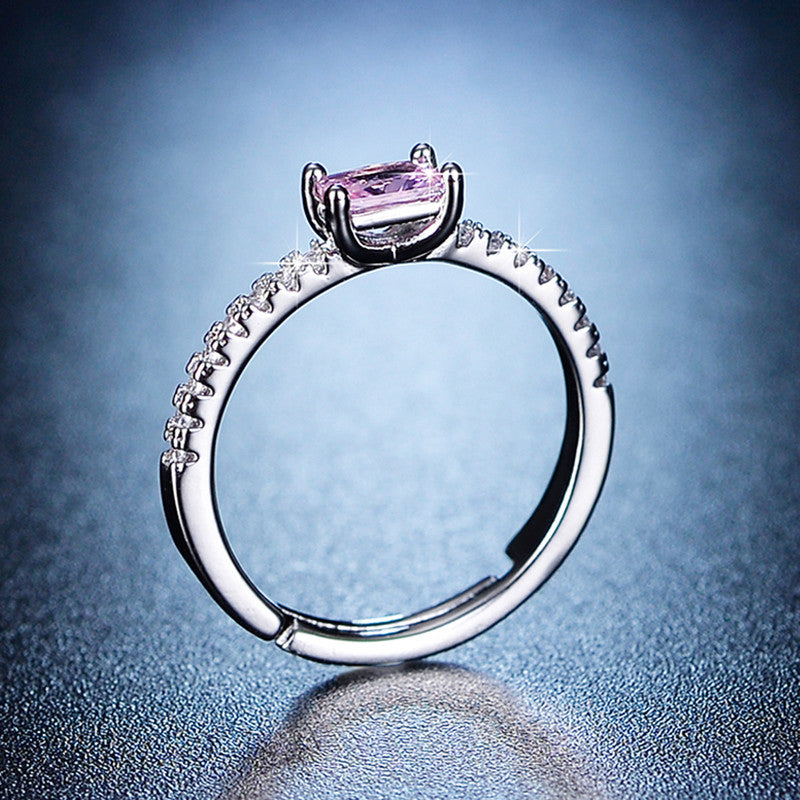 Silver Plated American Diamond Studded Rectangular Anti Tarnish Pink Stone Adjustable Finger Ring - MySmartBazaar