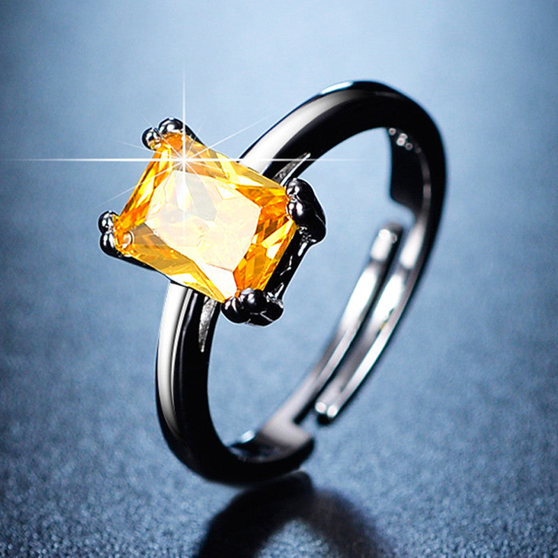 Silver Plated Crystal Studded Rectangular Yellow Stone Anti Tarnish Adjustable Finger Ring - MySmartBazaar