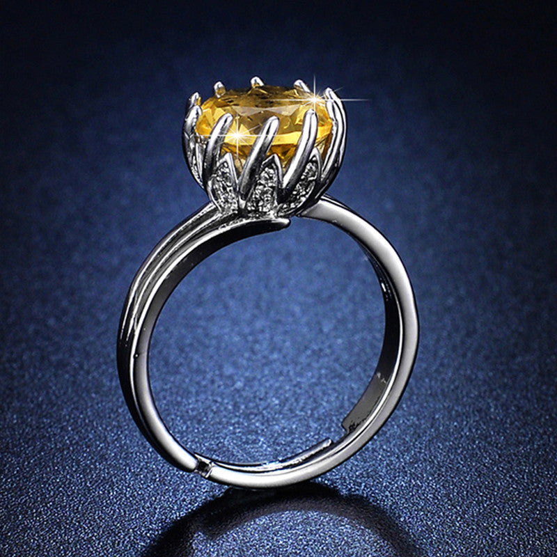 Silver Plated Crystal Studded Rectangular Yellow Stone Cocktail Style Anti Tarnish Adjustable Finger Ring - MySmartBazaar
