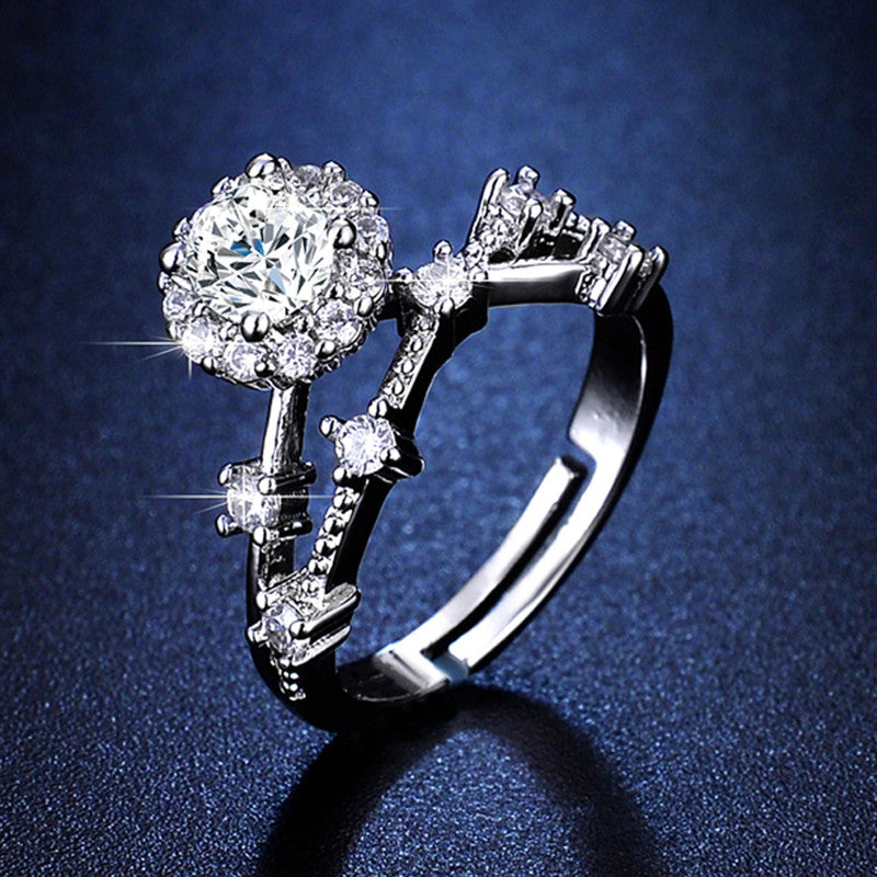 Silver Plated Crystal Studded Contemporary Anti Tarnish Adjustable Solitaire Finger Ring - MySmartBazaar