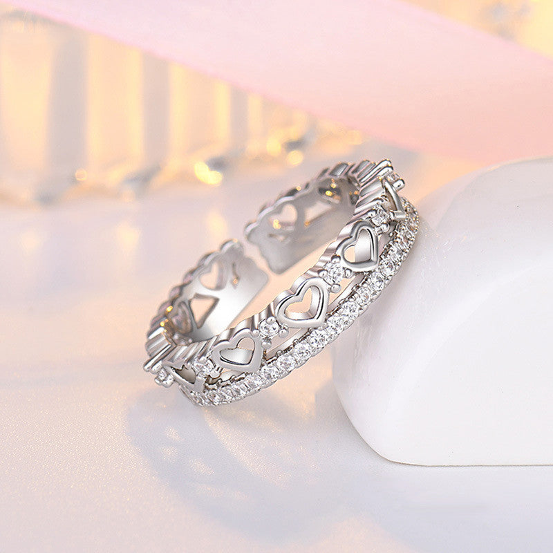 Silver Plated American Diamond Studded Hearts inspired Contemporary Korean Finger Ring