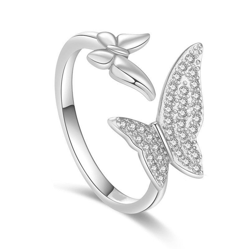 Silver Plated American Diamond Studded Butterfly Shape Contemporary Korean Finger Ring