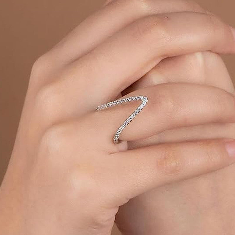 Silver-Plated Anti Tarnish V Shaped CZ Studded Adjustable Finger Ring