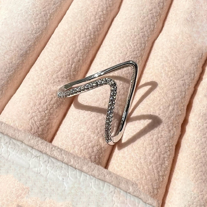Silver-Plated Anti Tarnish V Shaped CZ Studded Adjustable Finger Ring