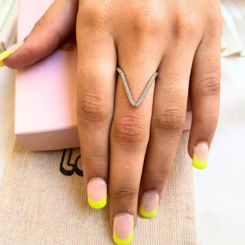 Silver-Plated Anti Tarnish V Shaped CZ Studded Adjustable Finger Ring