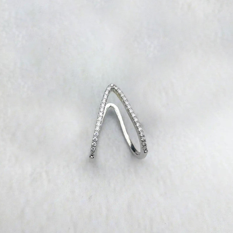 Silver-Plated Anti Tarnish V Shaped CZ Studded Adjustable Finger Ring