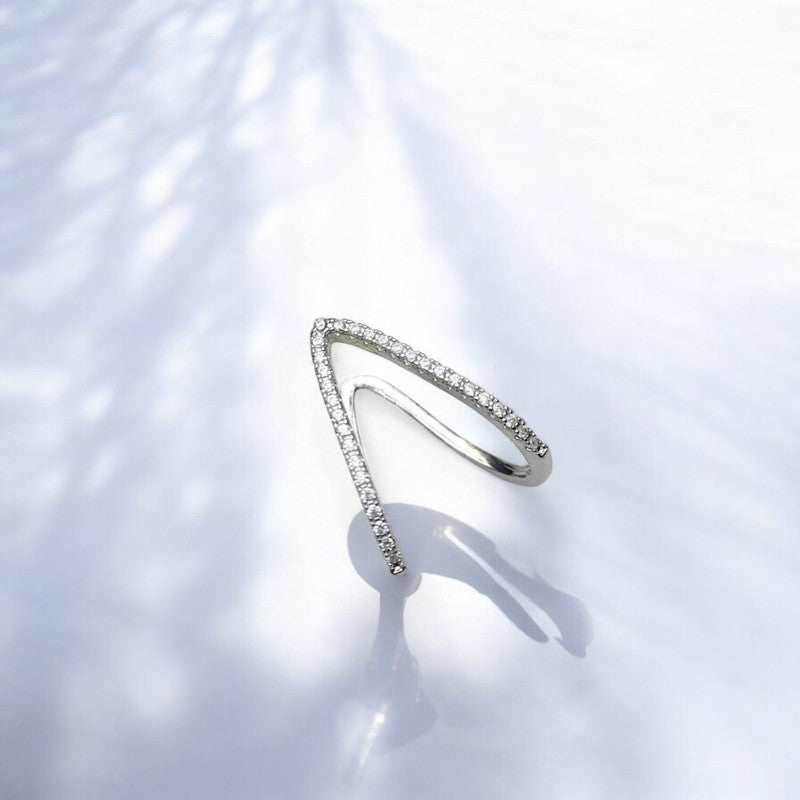 Silver-Plated Anti Tarnish V Shaped CZ Studded Adjustable Finger Ring
