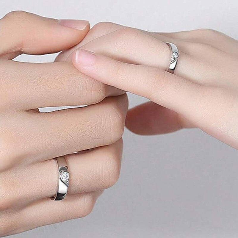 Silver Plated American Diamonds Studded Adjustable Heart Themed Couple Rings