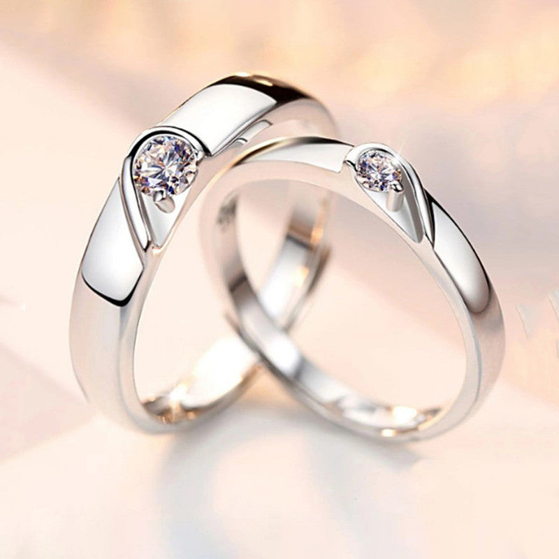 Silver Plated American Diamonds Studded Adjustable Heart Themed Couple Rings
