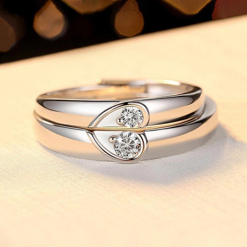 Silver Plated American Diamonds Studded Adjustable Heart Themed Couple Rings