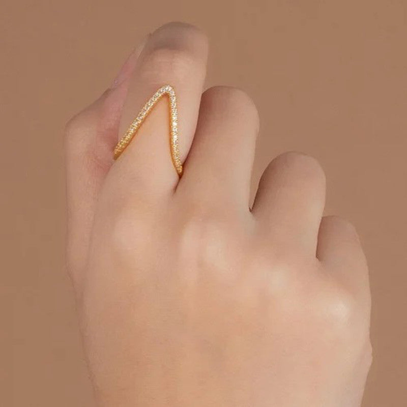 Gold-Plated Anti Tarnish V Shaped CZ Studded Adjustable Finger Ring