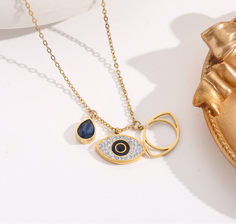 Stainless Steel Gold Plated American Diamond Studded Evil Eye Anti-Tarnish Pendant Necklace