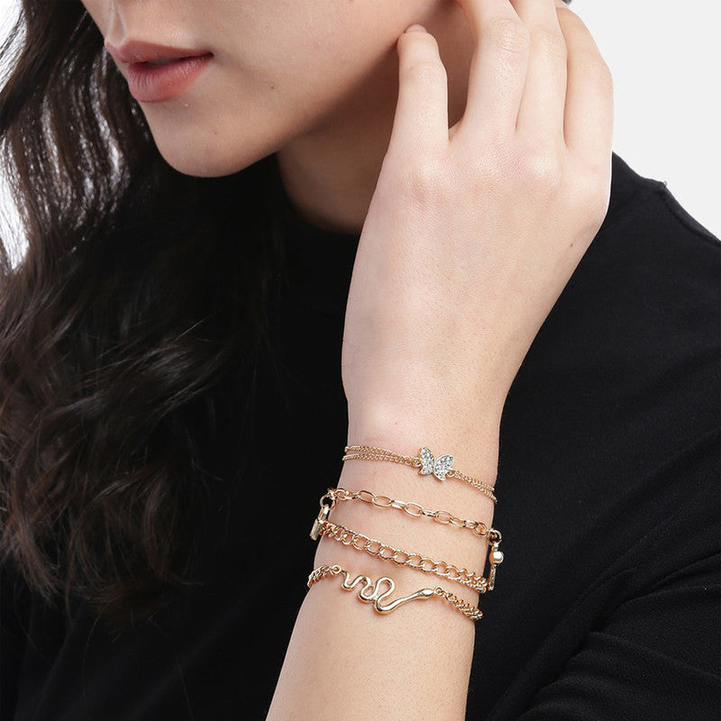 Gold Plated Gold Toned Layered Anklet Cum Bracelet