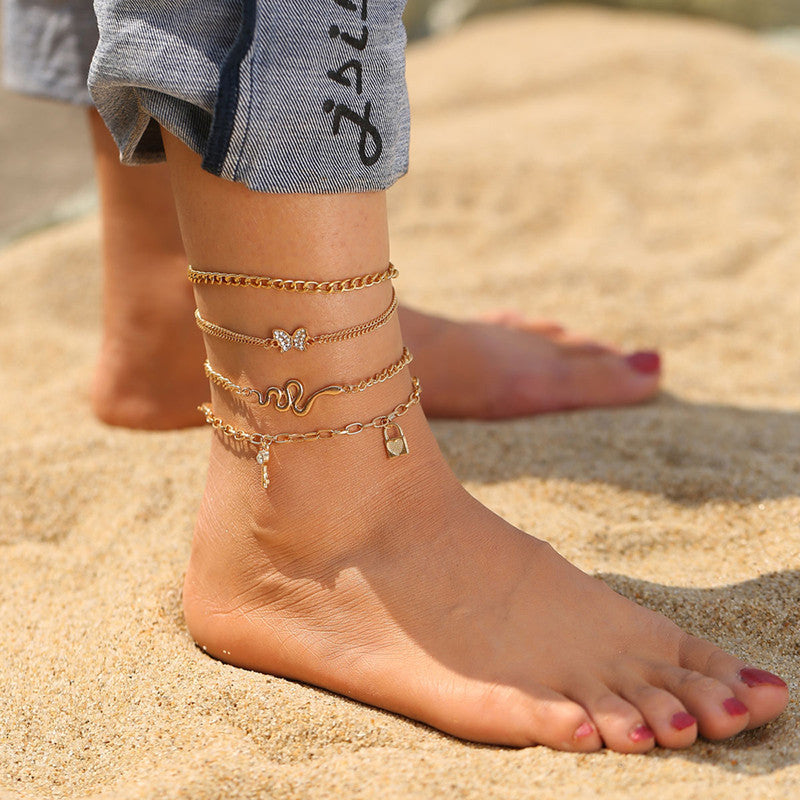 Gold Plated Gold Toned Layered Anklet Cum Bracelet