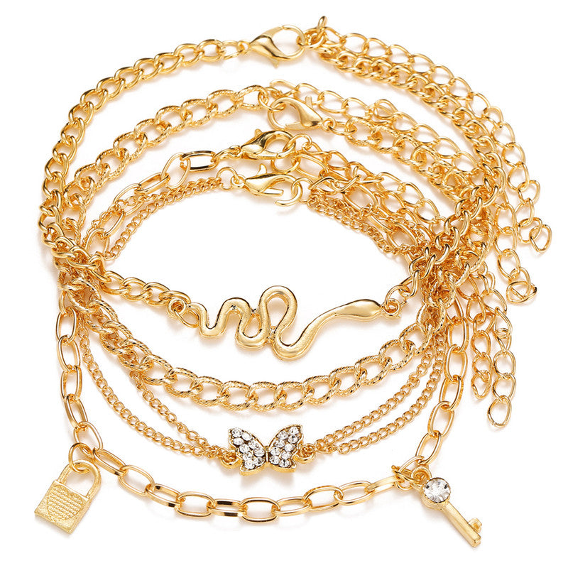 Gold Plated Gold Toned Layered Anklet Cum Bracelet