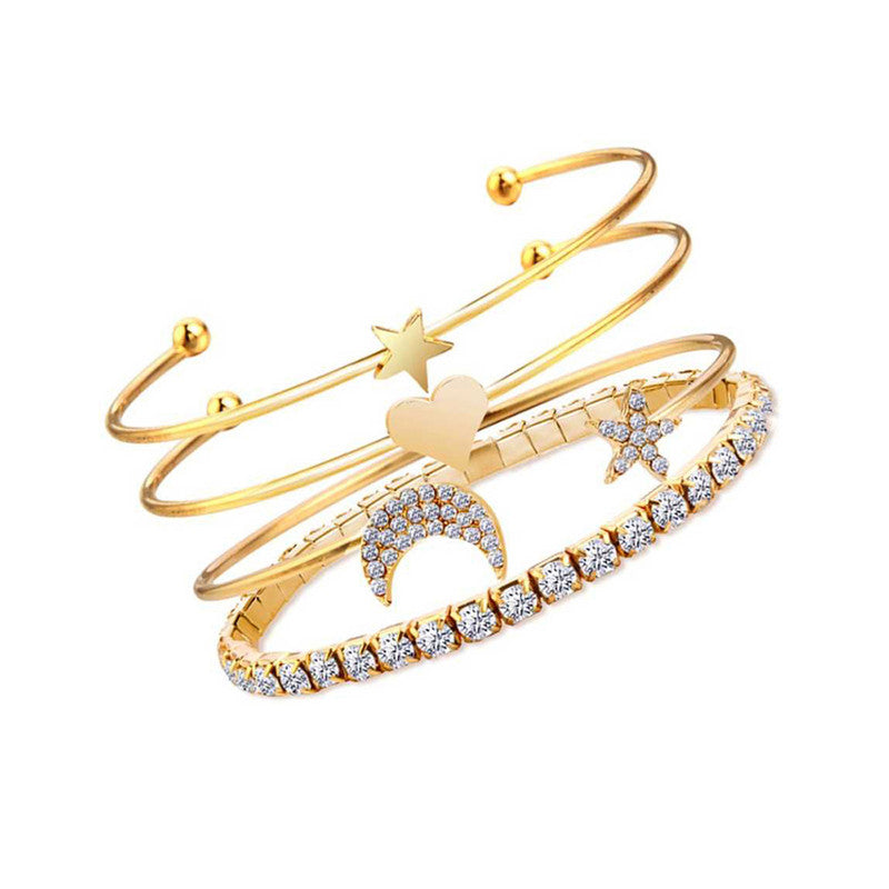 Scintillating American Diamond Star & Moon Design Gold Plated Bracelet - Pack Of 4