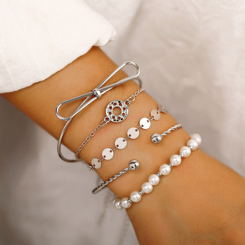 Set of 5 Silver Plated Boho Bracelets