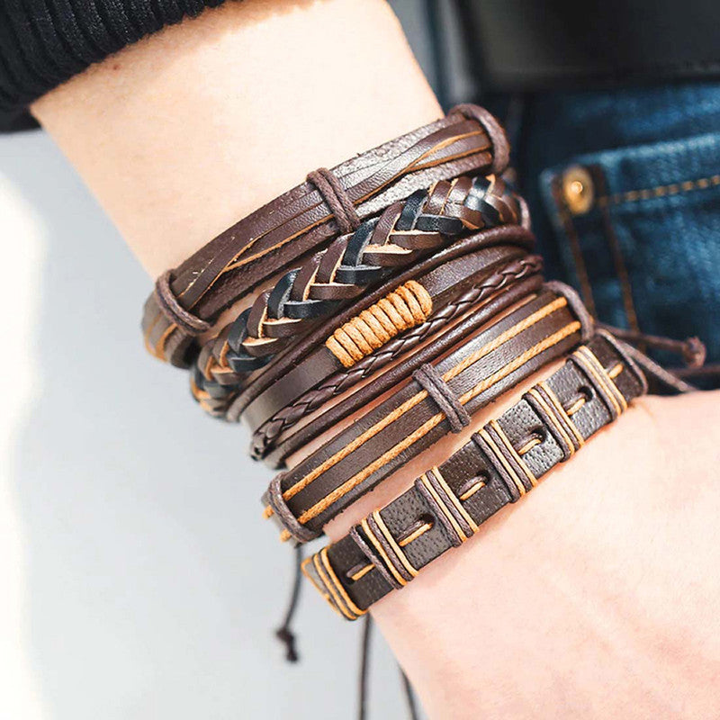 Set of 5 Multi Layered Brown Faux Leather Bracelet for Men