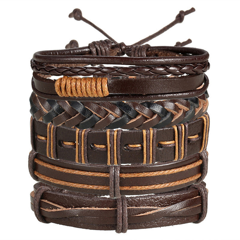 Set of 5 Multi Layered Brown Faux Leather Bracelet for Men