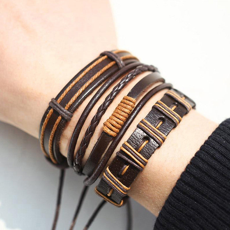 Set of 5 Multi Layered Brown Faux Leather Bracelet for Men