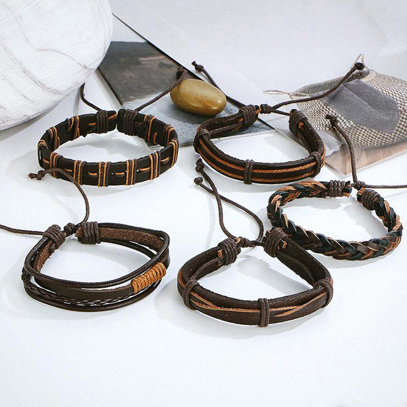 Set of 5 Multi Layered Brown Faux Leather Bracelet for Men