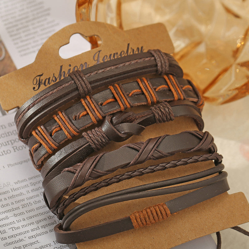 Set of 5 Multi Layered Brown Faux Leather Bracelet for Men