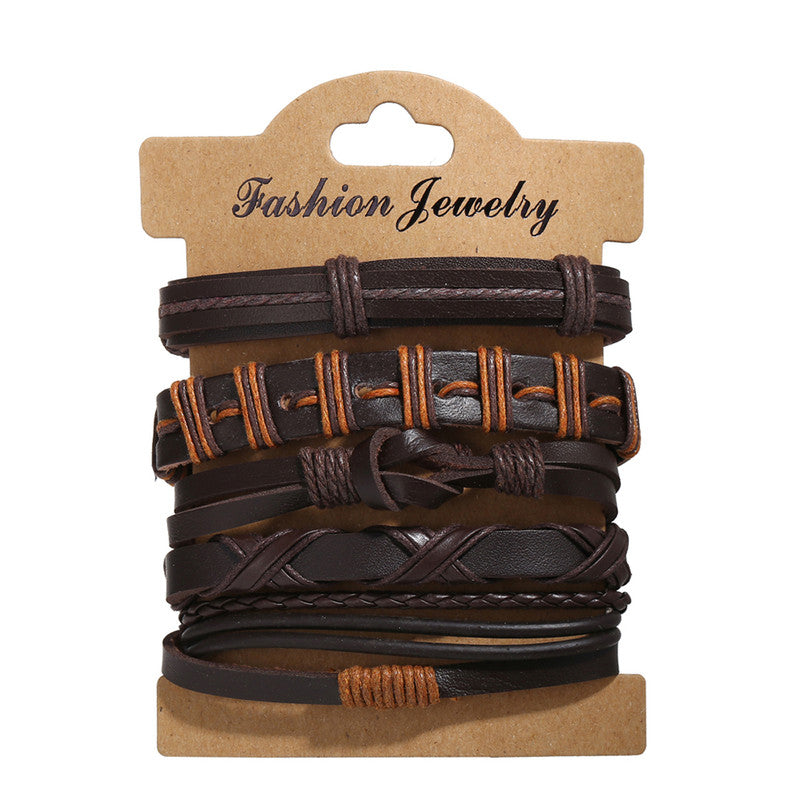 Set of 5 Multi Layered Brown Faux Leather Bracelet for Men