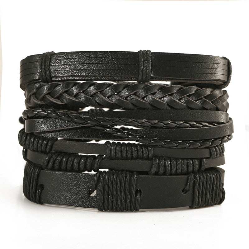 Set of 5 Multi Layered Black Faux Leather Bracelet for Men