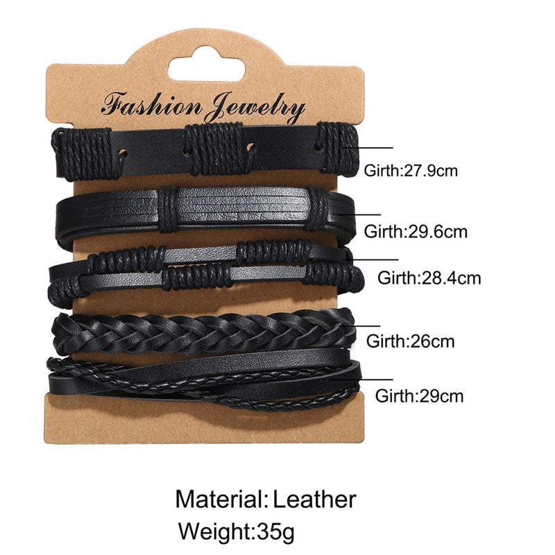 Set of 5 Multi Layered Black Faux Leather Bracelet for Men