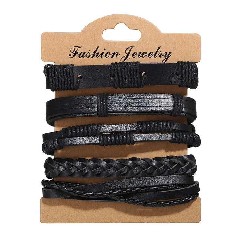 Set of 5 Multi Layered Black Faux Leather Bracelet for Men