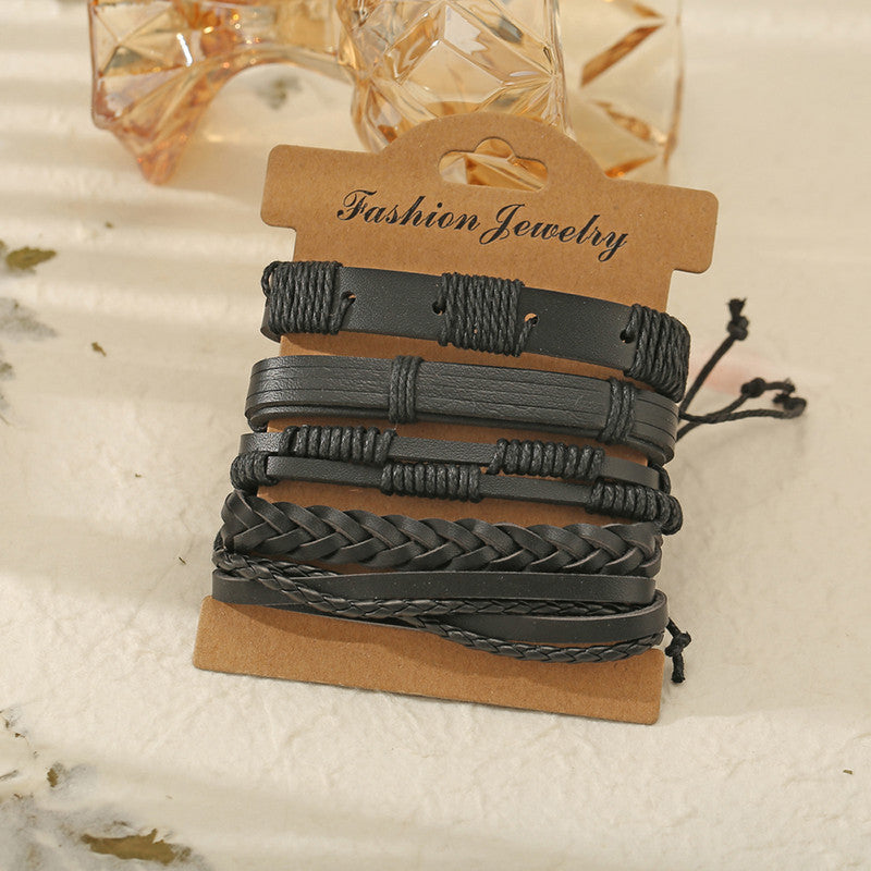 Set of 5 Multi Layered Black Faux Leather Bracelet for Men